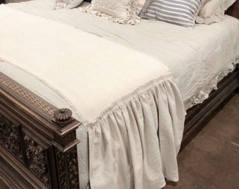 Custom Bed Scarf,Bed Runner,Long ruffle,ivory White,linen cotton canvas Bed scarf,Handmade,French Country,Farmhouse Bedding