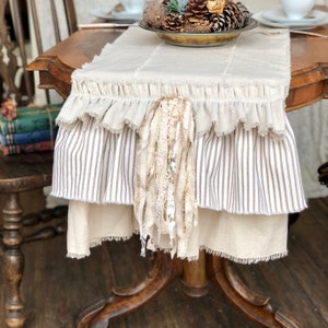 Custom Table Runner,Raw frayed edge Multi Ruffle,Table Runner,Ivory cotton canvas,white beige ticking stripesFrench Country,Farmhouse Table