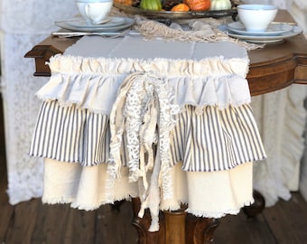 Custom Table Runner,Multi Ruffle Table Runner,Ivory cotton Canvas,navy stripes,Handmade,French Country,Farmhouse Table Runner