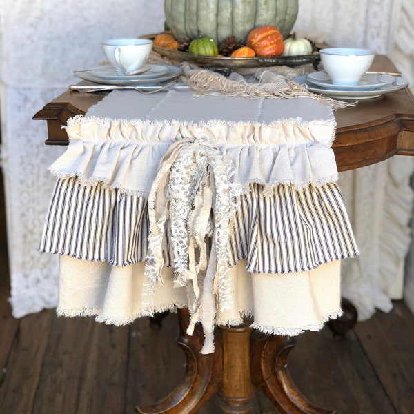 Custom Table Runner,Multi Ruffle Table Runner,Ivory cotton Canvas,navy stripes,Handmade,French Country,Farmhouse Table Runner