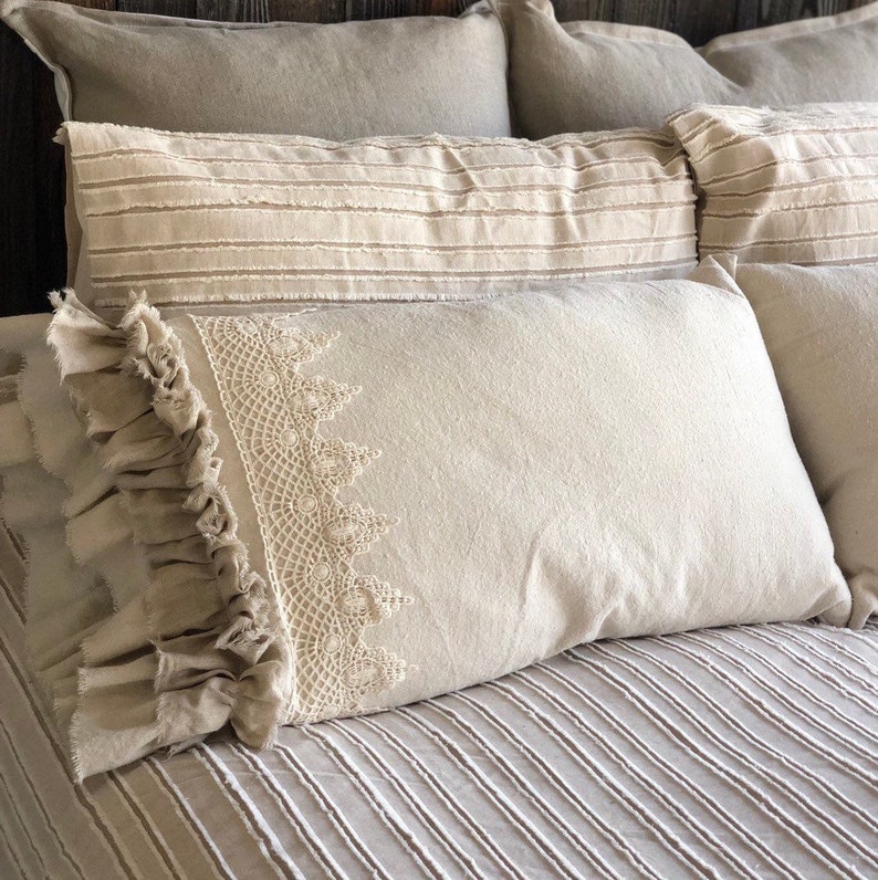 A Pair Of Canvas Pillows Covers W Lace With Long Ruffles Etsy