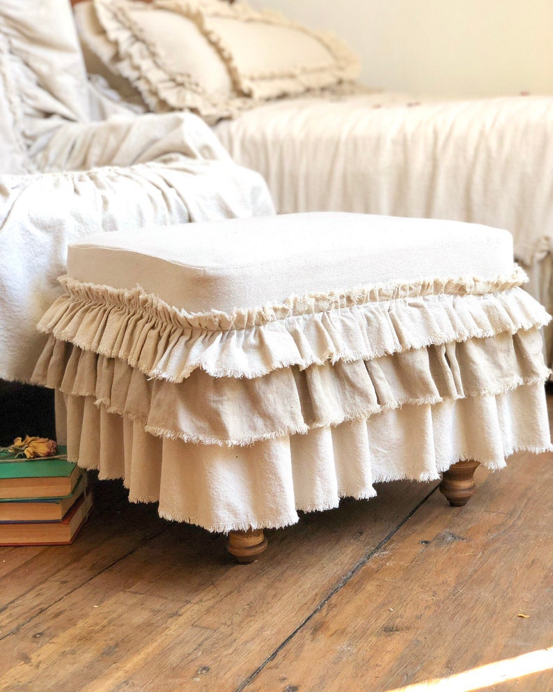 Slip Cover,Cushion,Custom Size,Ottoman Chair Foot Stool Bench,Ruffles,Beige Linen,White Ivory Canvas,French Country Rustic Farmhouse