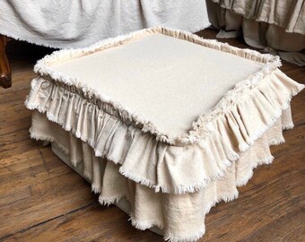 Slip Cover,Cushion,Custom Size,Ottoman Chair Foot Stool Bench,Ruffles,Beige Linen,White Ivory Canvas,French Country Rustic Farmhouse