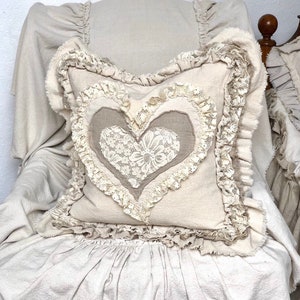 Custom Pillows Cover with Hearts,Pillow with Ruffles,Linen,Cotton,Lace,Ivory,Whit,French Country,Farmhouse Bedding,Wedding,Birthday Gift