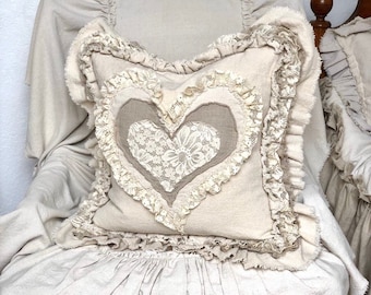 Custom Pillows Cover with Hearts,Pillow with Ruffles,Linen,Cotton,Lace,Ivory,Whit,French Country,Farmhouse Bedding,Wedding,Birthday Gift