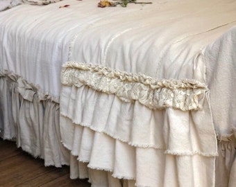 Custom Bed Scarf Bed Runner Long multi ruffle ivory White linen cotton canvas lace Handmade French Country Farmhouse Bedding