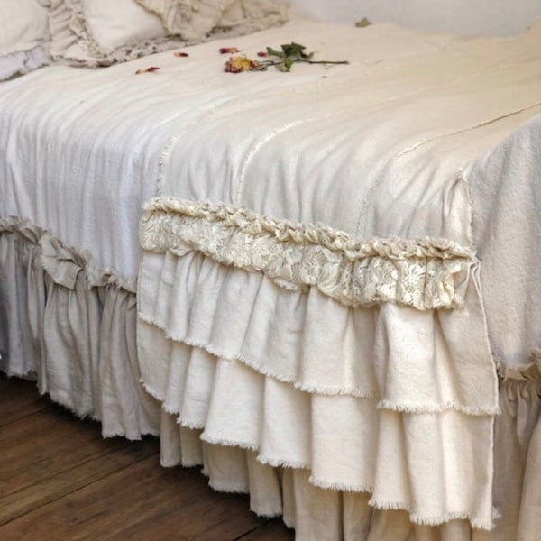 Custom Bed Scarf Bed Runner Long multi ruffle ivory White linen cotton canvas lace Handmade French Country Farmhouse Bedding