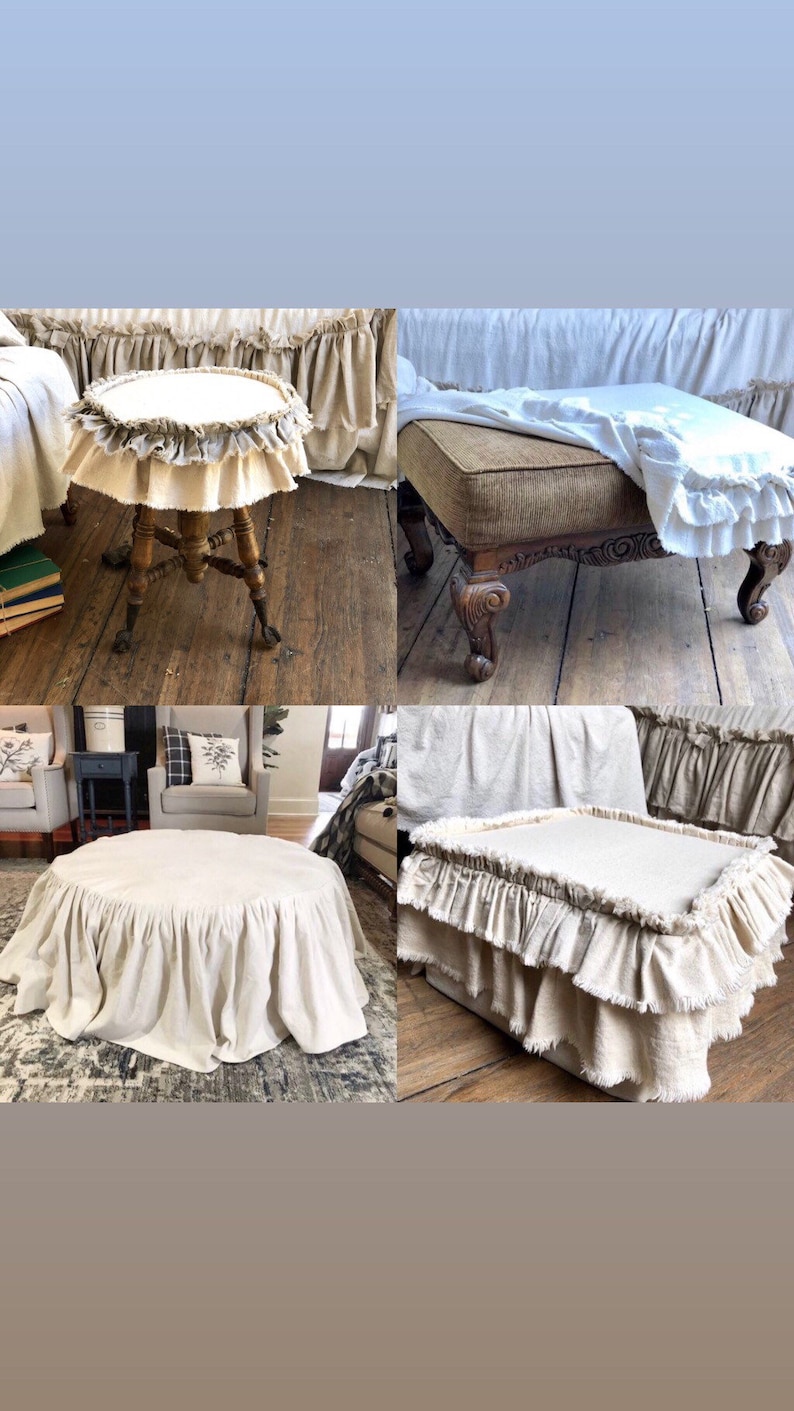 Slip Cover,Cushion,Custom Size,Ottoman Chair Foot Stool Bench,Ruffles,Beige Linen,White Ivory Canvas,French Country Rustic Farmhouse