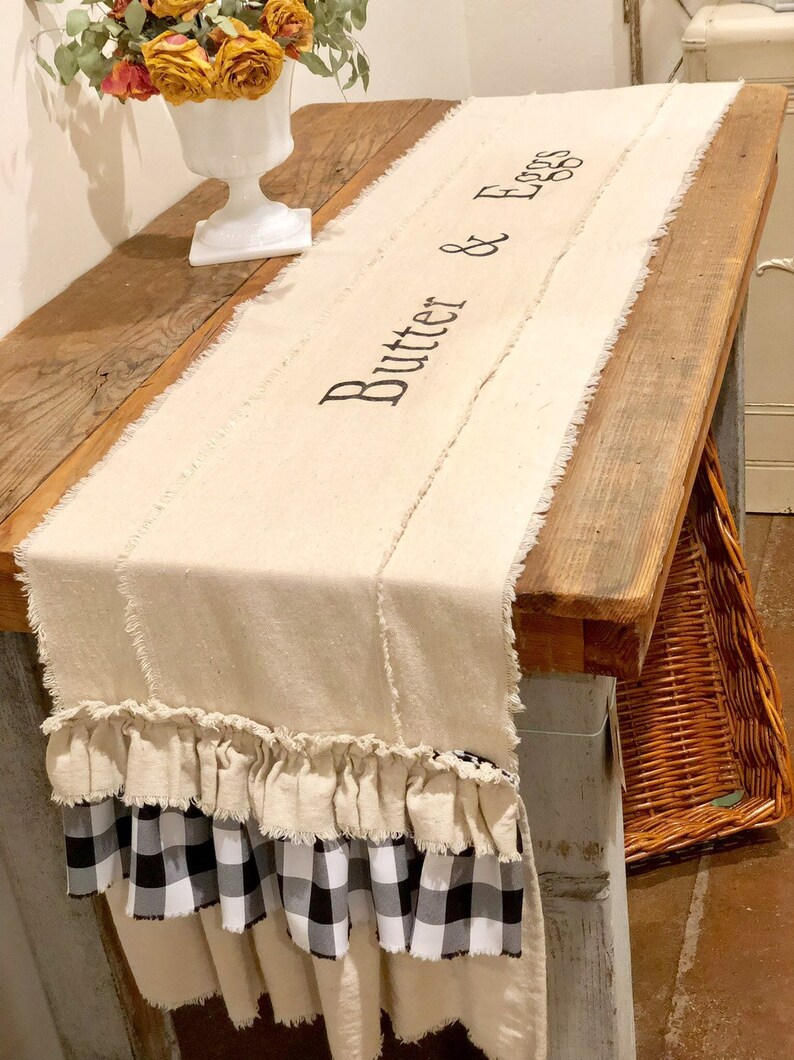 Custom Table Runner With Sayings Multi Ruffle Ivory Linen Etsy