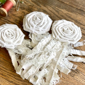 Knotted fabric decoration with cotton canvas rose,Small Pin Rosette,fabric Rosette with ties,white,ivory,gray fabric rose