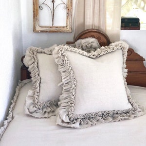 A Pair of Pillow with Ruffles Cotton Canvas Linen Bedding French Country Farmhouse 20&quot;x20&quot; Shabby Chic Rustic Pillow Case Shams