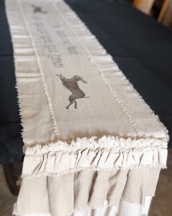 Custom Table Runner with Sayings Easter Rabbit ruffle ivory Stripes linen cotton canvas  French Country Rustic Farmhouse Thanksgiving