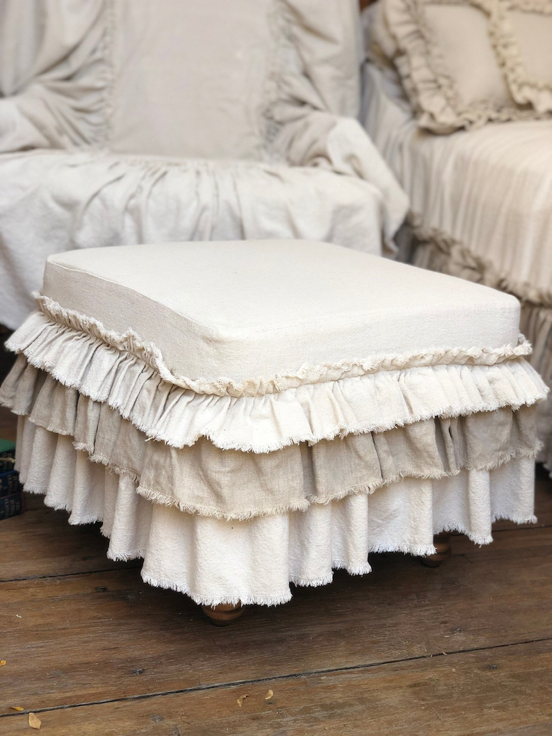 Slip Cover,Cushion,Custom Size,Ottoman Chair Foot Stool Bench,Ruffles,Beige Linen,White Ivory Canvas,French Country Rustic Farmhouse
