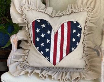 Custom Pillow with American flag and hearts,frayed edge Ruffles,Memorial day pillow,the fourth of July pillow,American flag and heart pillow