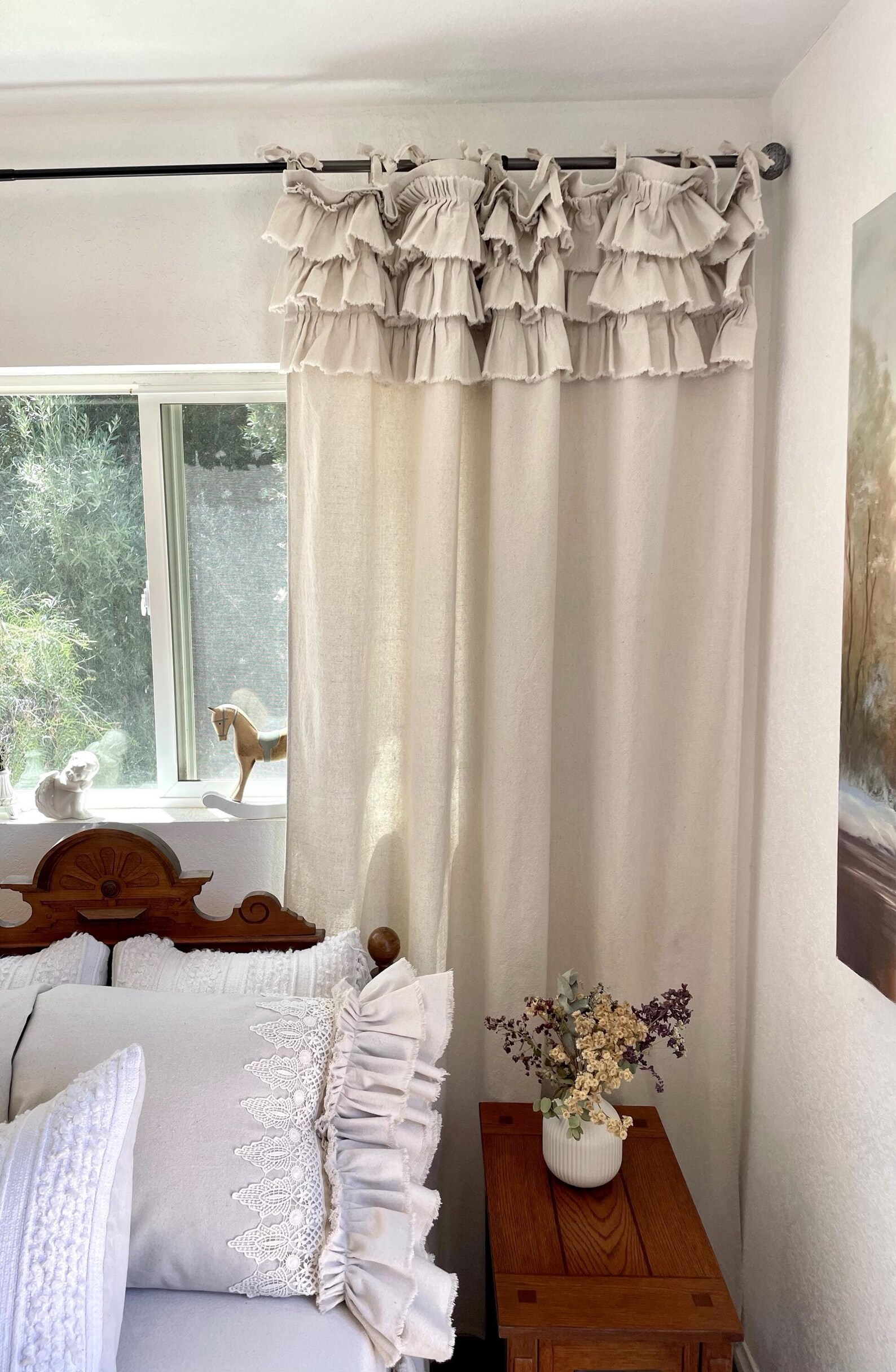 Custom Tie-top Curtain Panel Withruffles|farmhouse,boho,shabby Style ...