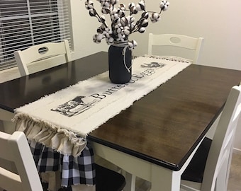 Custom Table Runner with ruffles,Chicken,Cow,Butter  Eggs,Ivory canvas,black and white Plaid,French Country,Farmhouse Thanksgiving,Easter