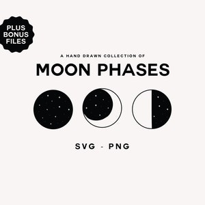 May include: Black and white illustration of three moon phases. The first circle is filled with stars. The second shows a crescent moon with stars. The third shows a half moon with stars. Text reads "A hand drawn collection of Moon Phases" and "SVG - PNG".