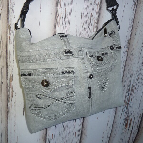 Jeans crossbody bag, jean messenger bag, recycled denim sling bag, Hobo denim bag ,  recycled clothing, Handmade bag, Grey jean bag