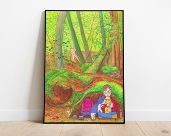 Cat in Forest with Me A4 Print