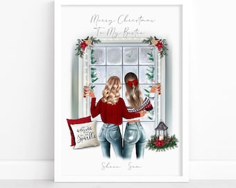 Personalised Best Friends / Besties Christmas, Family Christmas Print, Custom Family Portrait, Family Christmas Gift