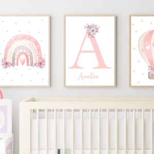 Personalised Nursery Print, Set of 3 Nursery Prints, Alphabet  Print Design, Girls Bedroom Print, Pink, Flower Decor Wall Art