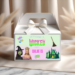 Caja de actividades personalizada para fiesta de cumpleaños con temática malvada en verde y rosa / Cajas de regalo para niños / Cajas de almuerzo para obsequios / Temática malvada / Brujas