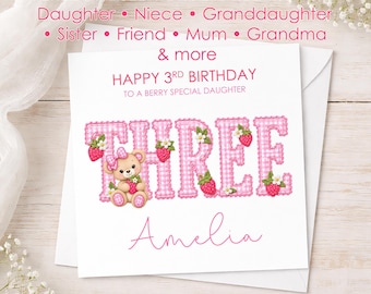 Personalised Strawberry Birthday Card, Pink Teddy Girl's Card.