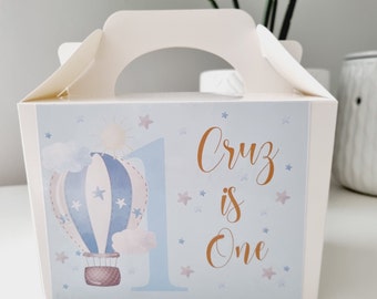 Personalised Boys Blue Hot Air Balloon Birthday Party Activity Box |  | Children's Gift Boxes | Favour Lunch boxes | Baby Shower