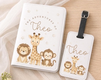 Personalised Safari Passport Holder & Luggage Tag Set, Jungle Animal Passport Cover, Custom Kids Travel Gift for Boys or Girls