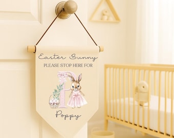 Fanion de fanion de lapin de Pâques personnalisé - Plaque de porte de chambre de bébé « Veuillez arrêter ici » pour garçons et filles - Déco printanière avec prénom personnalisé