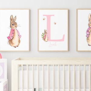 Personalised Flopsy Bunny Nursery Print Design,Set of 3 Nursery Prints, Girls Baby Bedroom Print, Pink Rabbit  Decor Wall Art