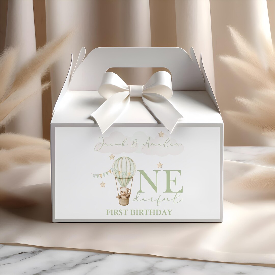 Personalised Hot Air Balloon Birthday Party Favor Box: Sage Green, Pink ...