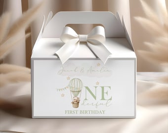 Personalised Hot Air Balloon Birthday Party Favor Box: Sage Green, Pink, Blue