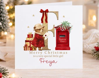 Personalised Christmas Card for Girl, Custom Name Christmas Card, Teddy Christmas Card