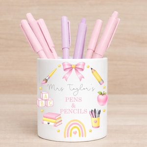 Personalised Teacher Gift Pencil Pot | Custom Name Pen & Pencil Holder | End of Term Teacher Thank You Gift | Pink or Blue Desk