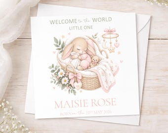 Personalised New Baby Card, Bunny Congratulations Card for Baby Girl or Boy