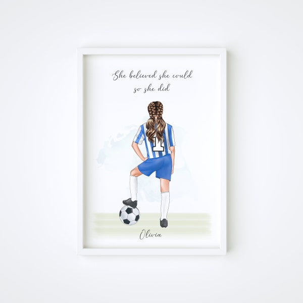 Personalised football print, Girl footballer picture, Womans football print, gift for her, Football print, bedroom decor, Teenage girl decor