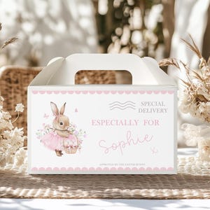 Può includere: Scatola regalo bianca con manico, con un coniglietto dei cartoni animati in un tutù rosa che tiene un cestino di fiori. La scatola ha bordi smerlati rosa e il testo "Especially For Sophie" e "Special Delivery".