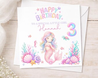 Personalised Mermaid Birthday Card, Custom Name Age Gift for Girls