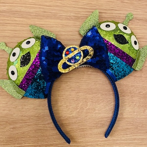 TOY STORY ALIEN Inspired Minnie Mouse Ears Headband Green Glitter Sparkle  Bow Fits Adults and Children 