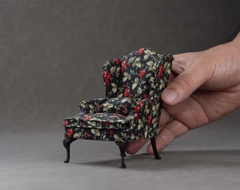 1:12 Scale Miniature Upholstered Wingback Chair, Poinsettia Fabric