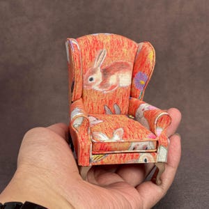 1:12 Scale Handcrafted Upholstered Miniature Chair - Bunny Print Fabric Orange