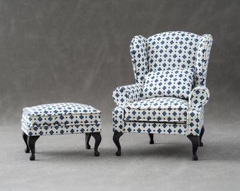 1:12 Scale Miniature Vintage and Antique Chair  Ottoman Set