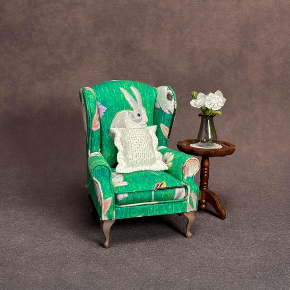 1:12 Scale Handcrafted Upholstered Miniature Chair - Bunny Print Fabric