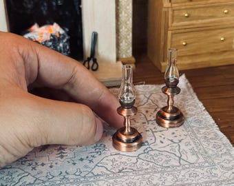 Set of 2 Miniature LED Hurricane Lamps, 1:12 Scale Flickering Dollhouse Lanterns