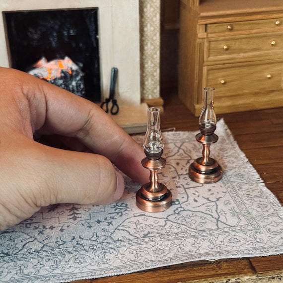 Set of 2 Miniature LED Hurricane Lamps, 1:12 Scale Flickering Dollhouse Lanterns