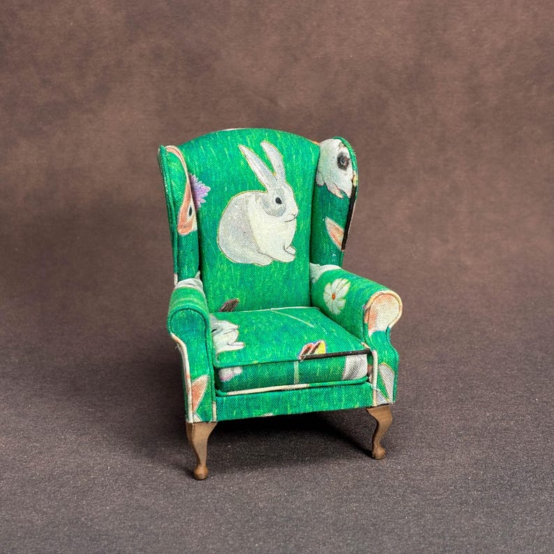 1:12 Scale Handcrafted Upholstered Miniature Chair - Bunny Print Fabric image 2