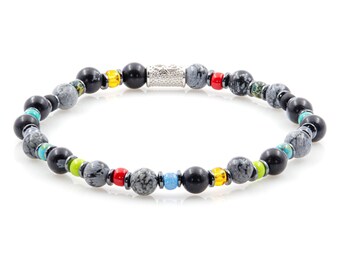 Pulseira de Obsidiana Floco de Neve 6 mm, Pulseira de Contas com Contas Miyuki e Hematita, Feminina e Masculina, Prata de Lei 925, Diversas Cores