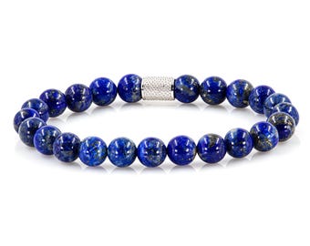Pulseira de lápis-lazúli em prata de lei 925, pulseira de contas, banhada a ródio, qualidade AAA/AAAAA, 8 mm