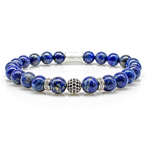 Lapis lazuli 925 Sterling silver bracelet pearl bracelet AAAAA quality blue beads ball 8 mm CZ